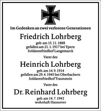 Traueranzeige von Friedrich Heinrich Lohrberg von Frankfurter Allgemeine Zeitung