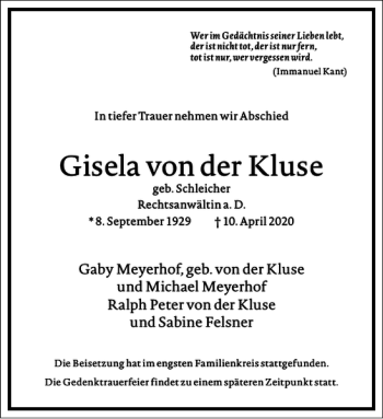 Traueranzeige von Gisela von der Kluse von Frankfurter Allgemeine Zeitung