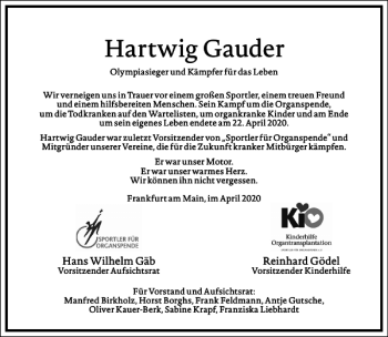 Traueranzeige von Hartwig Gauder von Frankfurter Allgemeine Zeitung