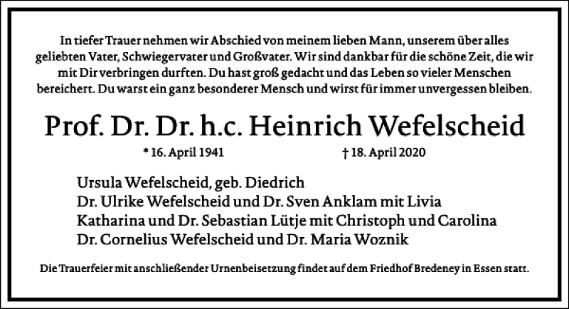  Traueranzeige für Heinrich Wefelscheid vom 25.04.2020 aus Frankfurter Allgemeine Zeitung