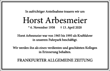 Traueranzeige von Horst Arbesmeier von Frankfurter Allgemeine Zeitung