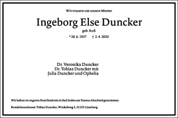 Traueranzeige von Ingeborg Else Duncker von Frankfurter Allgemeine Zeitung