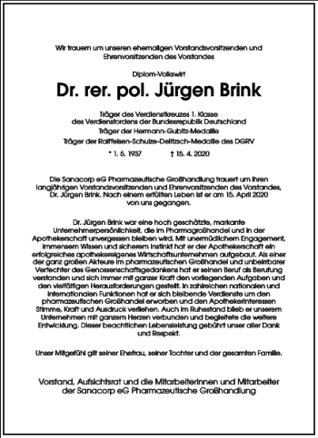 Traueranzeige von Jürgen Brink von Frankfurter Allgemeine Zeitung