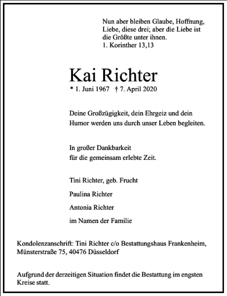  Traueranzeige für Kai Richter vom 11.04.2020 aus Frankfurter Allgemeine Zeitung