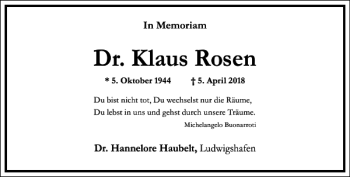 Traueranzeige von Klaus Rosen von Frankfurter Allgemeine Zeitung