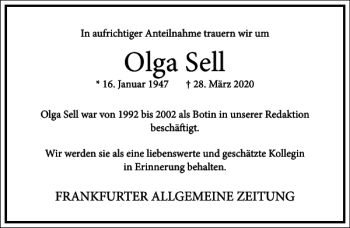 Traueranzeige von Olga Sell von Frankfurter Allgemeine Zeitung