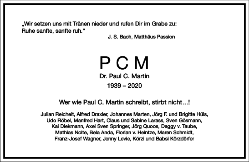  Traueranzeige für Paul C. Martin vom 11.04.2020 aus Frankfurter Allgemeine Zeitung