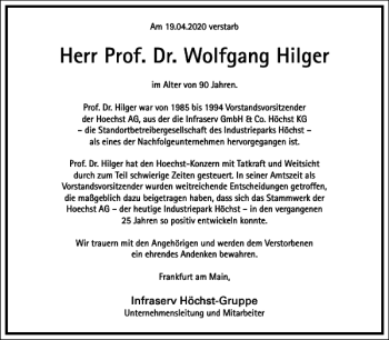 Traueranzeige von Prof. Dr. Wolfgang Hilger von Frankfurter Allgemeine Zeitung
