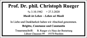 Traueranzeige von Prof. Dr. phil. Christoph Rueger von Frankfurter Allgemeine Zeitung