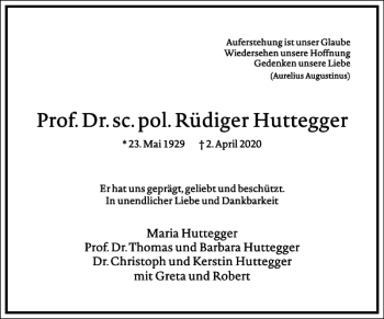 Traueranzeige von Prof. Dr. sc. pol. Rüdiger Huttegger  von Frankfurter Allgemeine Zeitung