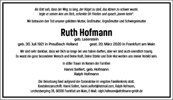 Traueranzeige von Ruth Hofmann von Frankfurter Allgemeine Zeitung