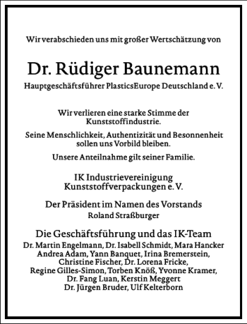 Traueranzeige von Rüdiger Baunemann von Frankfurter Allgemeine Zeitung