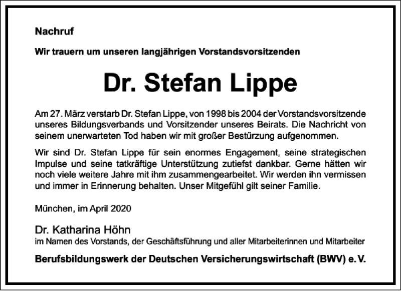  Traueranzeige für Stefan Lippe vom 25.04.2020 aus Frankfurter Allgemeine Zeitung