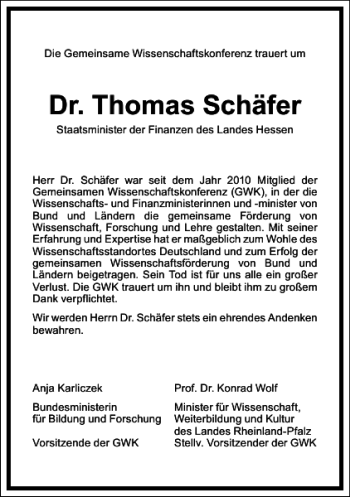 Traueranzeige von Thomas Schäfer von Frankfurter Allgemeine Zeitung