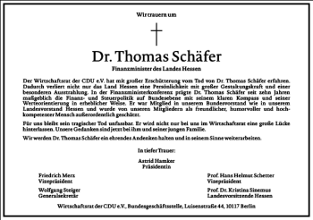 Traueranzeige von Thomas Schäfer von Frankfurter Allgemeine Zeitung