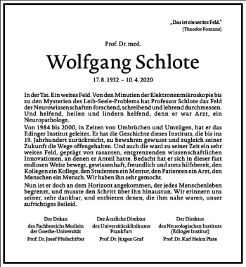 Traueranzeige von Wolfgang Schlote von Frankfurter Allgemeine Zeitung