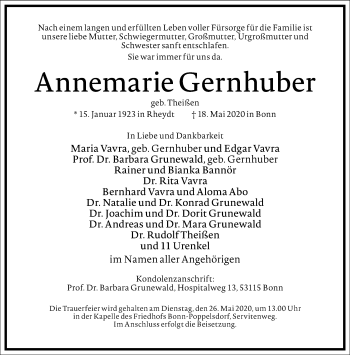 Traueranzeige von Annemarie Gernhuber von Frankfurter Allgemeine Zeitung