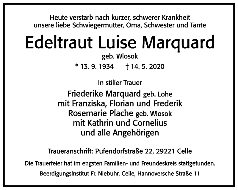  Traueranzeige für Edeltraut Luise Marquard vom 23.05.2020 aus Frankfurter Allgemeine Zeitung