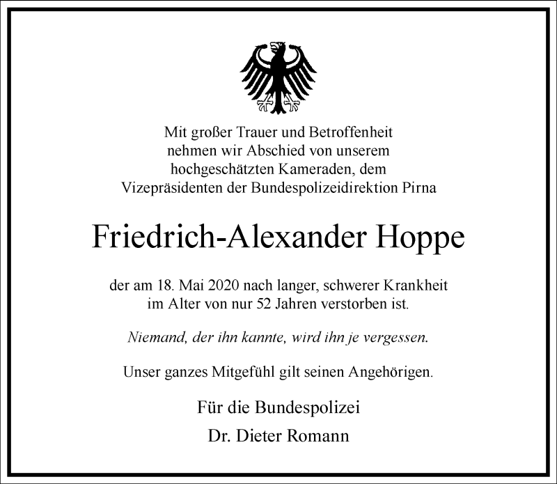  Traueranzeige für Friedrich-Alexander Hoppe vom 23.05.2020 aus Frankfurter Allgemeine Zeitung