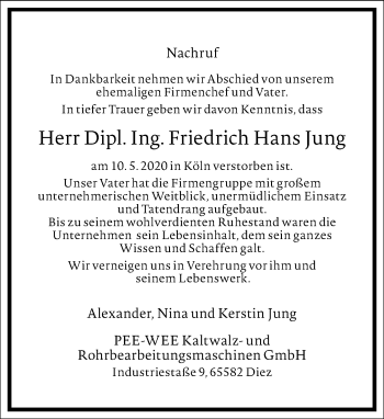 Traueranzeige von Friedrich Hans Jung von Frankfurter Allgemeine Zeitung