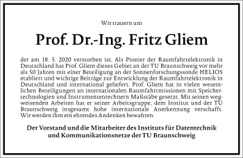 Traueranzeige von Fritz Gliem von Frankfurter Allgemeine Zeitung