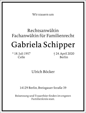 Traueranzeige von Gabriela Schipper von Frankfurter Allgemeine Zeitung