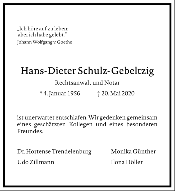 Traueranzeige von Hans-Dieter Schulz-Gebeltzig von Frankfurter Allgemeine Zeitung
