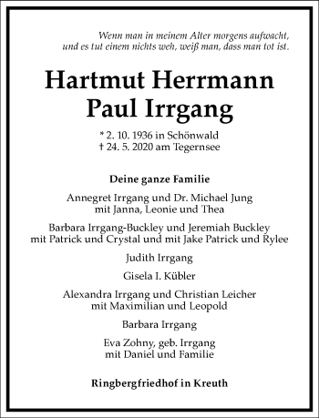 Traueranzeige von Hartmut Herrmann Irrgang von Frankfurter Allgemeine Zeitung