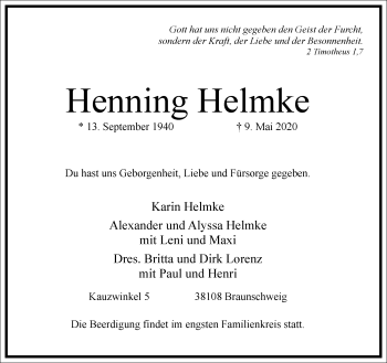 Traueranzeige von Henning Helmke von Frankfurter Allgemeine Zeitung