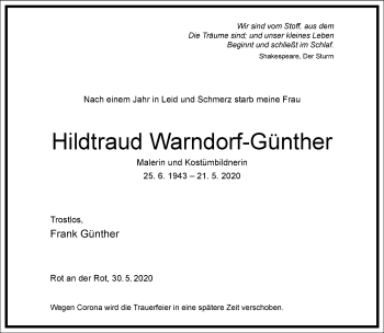 Traueranzeige von Hildtraud Warndorf-Günther von Frankfurter Allgemeine Zeitung