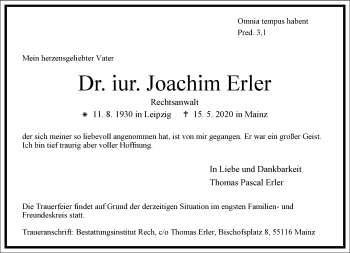 Traueranzeige von Joachim Erler von Frankfurter Allgemeine Zeitung