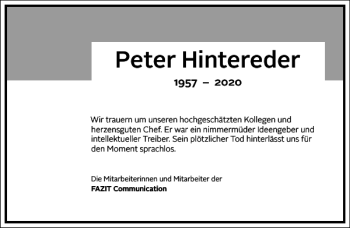 Traueranzeige von Peter Hintereder von Frankfurter Allgemeine Zeitung