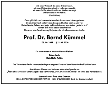Traueranzeige von Prof. Dr. Bernd Kümmel von Frankfurter Allgemeine Zeitung