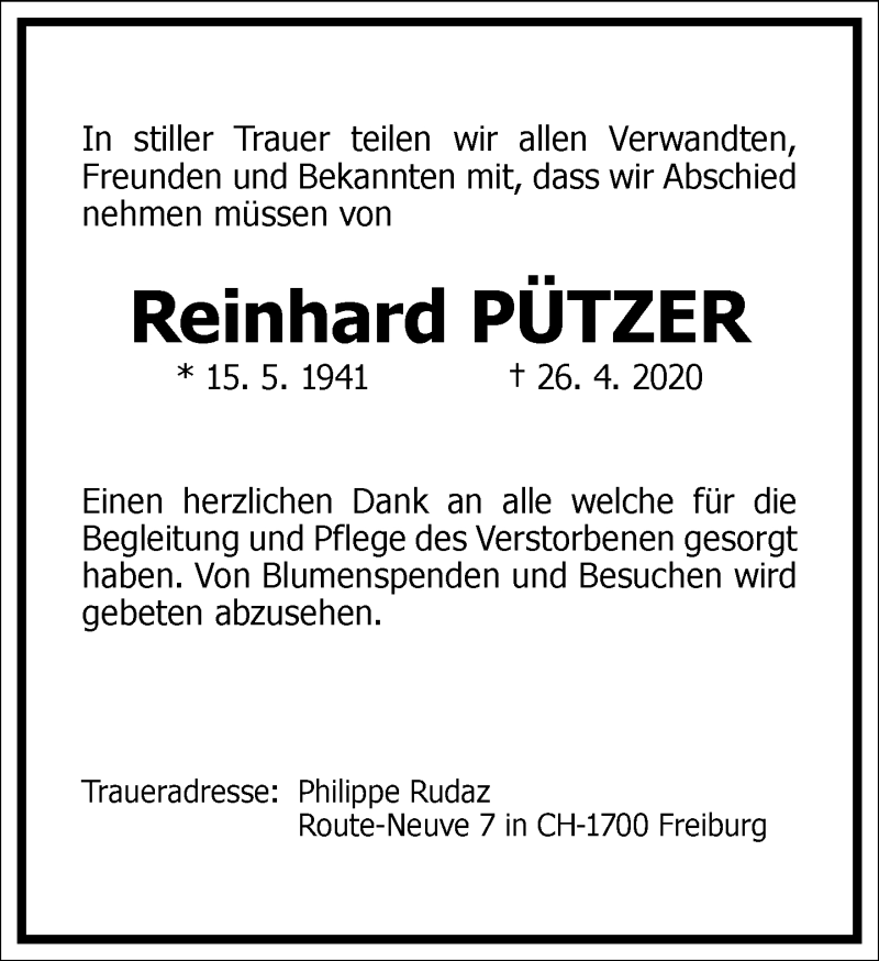  Traueranzeige für Reinhard Pützer vom 06.05.2020 aus Frankfurter Allgemeine Zeitung