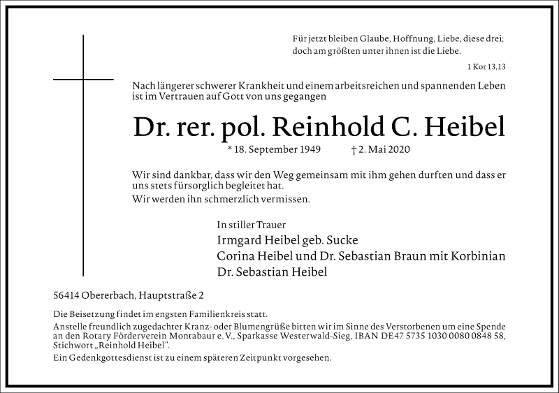  Traueranzeige für Reinhold Heibel vom 07.05.2020 aus Frankfurter Allgemeine Zeitung