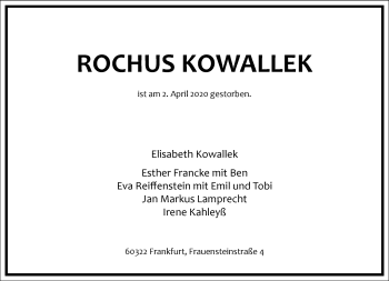 Traueranzeige von Rochus Kowallek von Frankfurter Allgemeine Zeitung