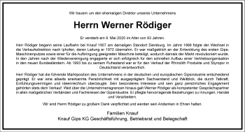 Traueranzeige von Werner Rödiger von Frankfurter Allgemeine Zeitung