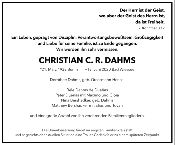 Traueranzeige von Christian C. R.  Dahms von Frankfurter Allgemeine Zeitung