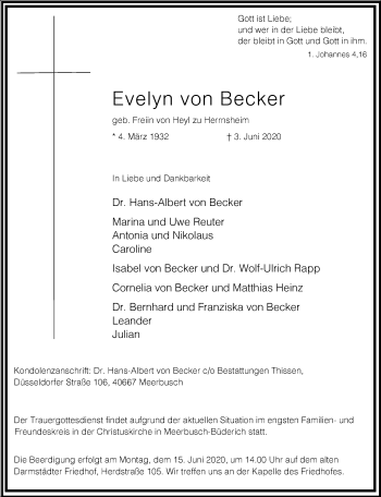 Traueranzeige von Evelyn von Becker von Frankfurter Allgemeine Zeitung