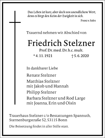 Traueranzeige von Friedrich Stelzner von Frankfurter Allgemeine Zeitung