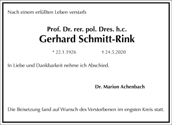 Traueranzeige von Gerhard Schmitt-Rink von Frankfurter Allgemeine Zeitung