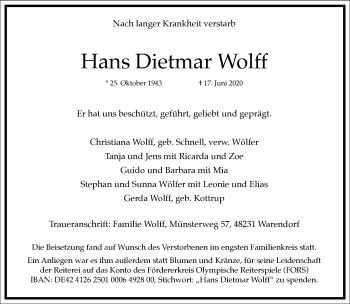 Traueranzeige von Hans Dietmar Wolff von Frankfurter Allgemeine Zeitung