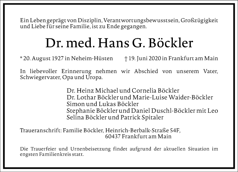  Traueranzeige für Hans G. Böckler vom 27.06.2020 aus Frankfurter Allgemeine Zeitung