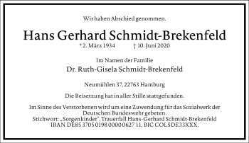 Traueranzeige von Hans Gerhard Schmidt-Brekenfeld von Frankfurter Allgemeine Zeitung