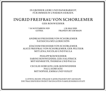 Traueranzeige von Ingrid von Schorlemer von Frankfurter Allgemeine Zeitung