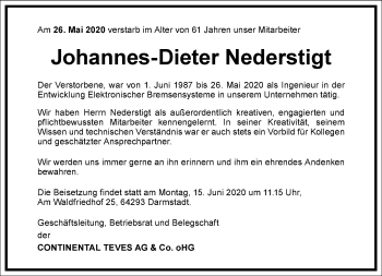 Traueranzeige von Johannes-Dieter Nederstigt von Frankfurter Allgemeine Zeitung