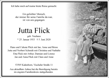 Traueranzeige von Jutta Flick von Frankfurter Allgemeine Zeitung