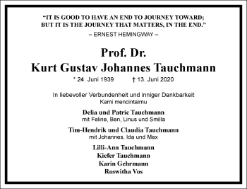 Traueranzeige von Kurt Gustav Johannes Tauchmann von Frankfurter Allgemeine Zeitung