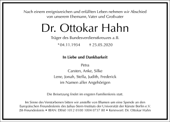 Traueranzeige von Ottokar Hahn von Frankfurter Allgemeine Zeitung
