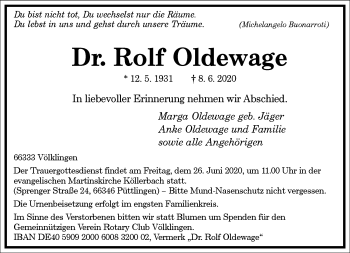 Traueranzeige von Rolf Oldewage von Frankfurter Allgemeine Zeitung